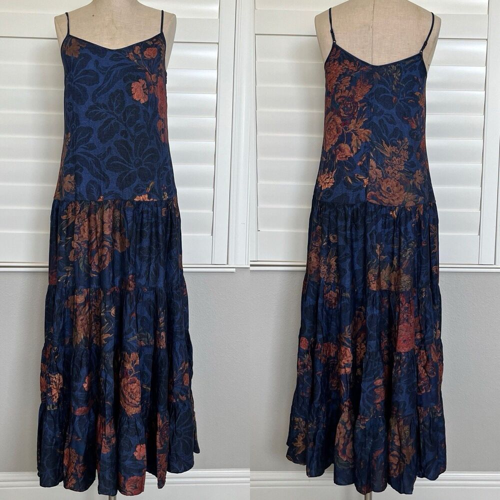 Peruvian Connection midi Dress tiered spaghetti strap floral print size 2 Boho